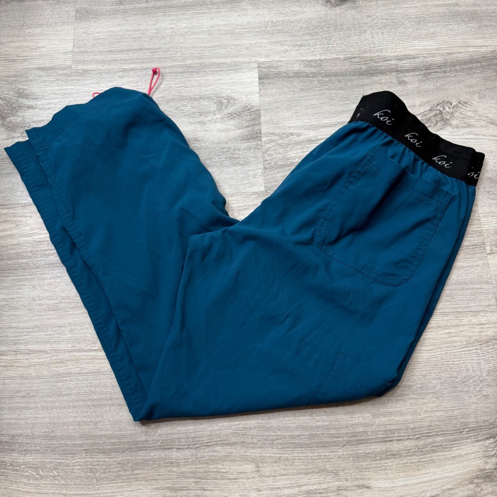 Koi Lite Peace Scrub Pants Womens Large Petite Teal Blue Slim Fit Cargo Bungee